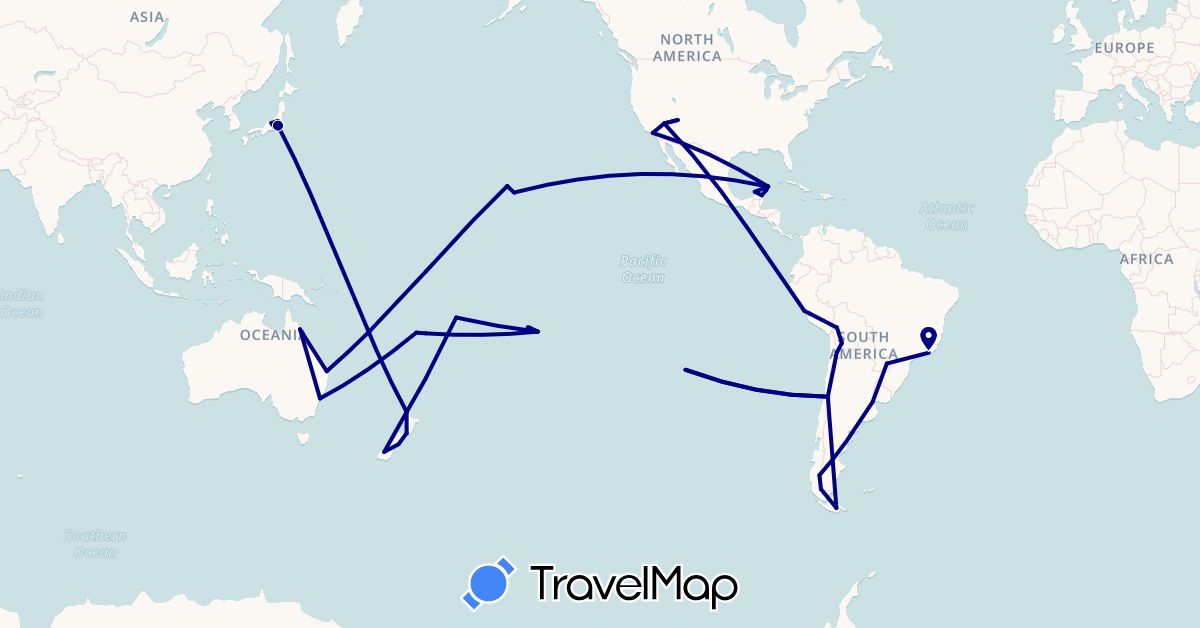 TravelMap itinerary: driving in Argentina, Australia, Bolivia, Brazil, Chile, Fiji, France, Japan, Mexico, New Zealand, Peru, United States, Samoa (Asia, Europe, North America, Oceania, South America)